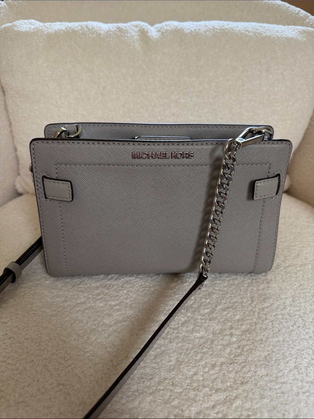 Michael Kors Gray Saffiano Leather Crossbody with Silver Chain